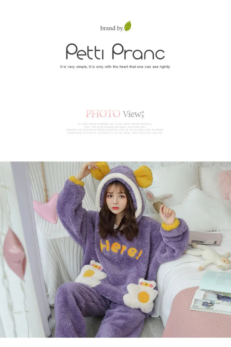 Jielur Warm Women Pajama Sets Winter Lady Long Sleeve Shirt+Pants Home suit Hooded Cartoon Print Thick Pijama Feminino