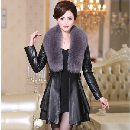 PU Leather Long Leather Jacket Women's Fur Collar Removable Coat Faux Leather Slim Female Temperament Leather Windbreaker Black