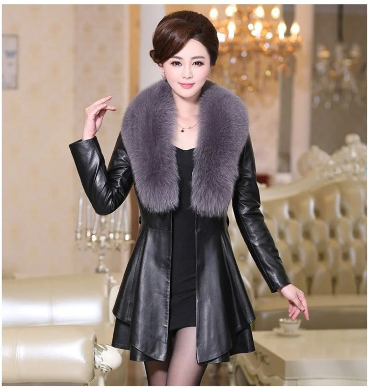 PU Leather Long Leather Jacket Women's Fur Collar Removable Coat Faux Leather Slim Female Temperament Leather Windbreaker Black