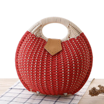 Women's Handmade Round Woven Natural Rattan Handbag Shoulder Bag Summer Beach Bag with Casual Bohemia Women's Clutch