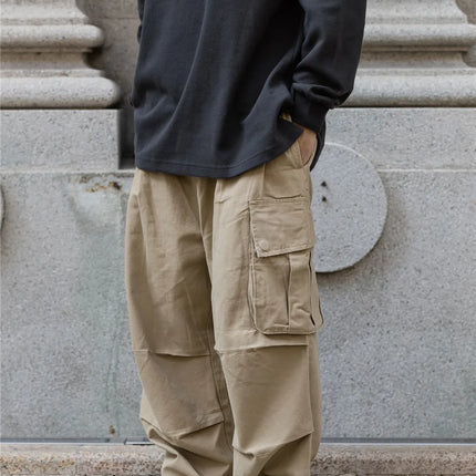 Multi-Pocket Cargo Pants Mens Safari Style Solid Color Pleated Loose Straight-leg Pants Elastic Waist Casual Trousers Men