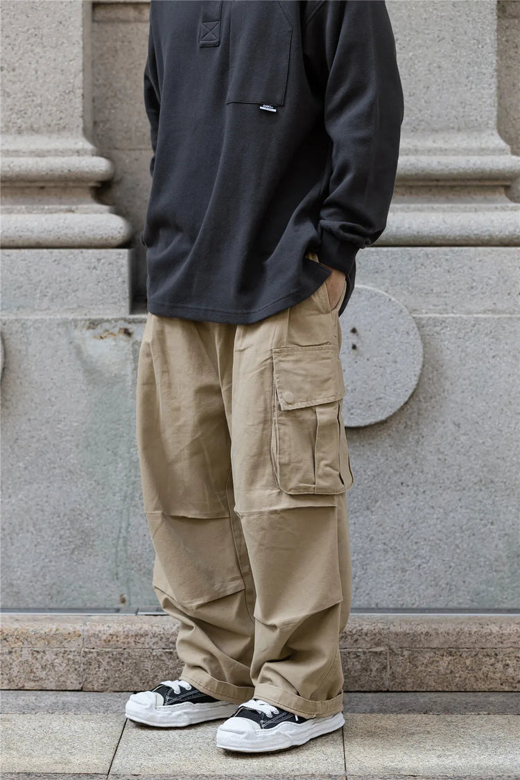 Multi-Pocket Cargo Pants Mens Safari Style Solid Color Pleated Loose Straight-leg Pants Elastic Waist Casual Trousers Men