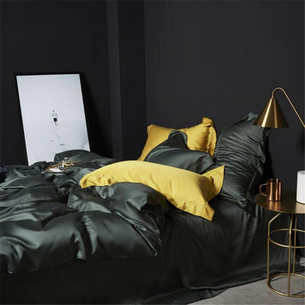 Liv-Esthete Set biancheria da letto in seta 100% verde scuro Set biancheria da letto in pura seta sana di lusso Queen King Copripiumino Lenzuolo piatto Federa Set biancheria da letto