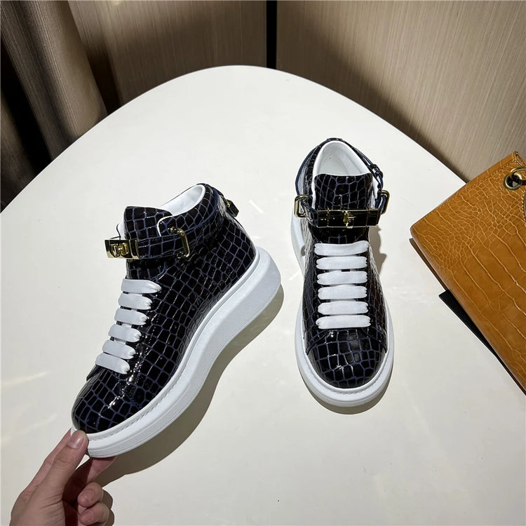 2026 Mid-Top Sneakers Men Alligator Pattern Round Toe Lock Decoration Lace Flats Glossy Cow Leather Casual Shoes