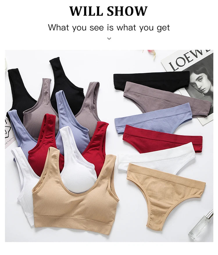 CINOON Women Seamless Ribbed Bra Set Wireless Deep V Bralette Top Panties Two Piece Lingerie Set Sport Fitness Underwear