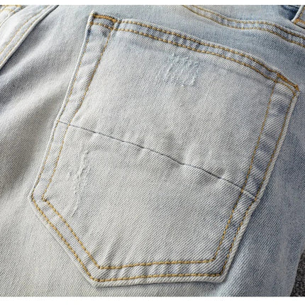 Men Crystal Holes Ripped Patchwork Jeans Streetwear Light Blue Denim Slim Skinny Pencil Pants Trousers PlatiNum