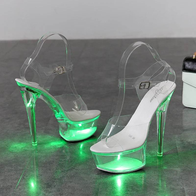 Light Up Glowing Shoes Woman Luminous Clear Sandals Women Platform Shoes LED 13cm High Heel Transparent Stripper Heels Shoes