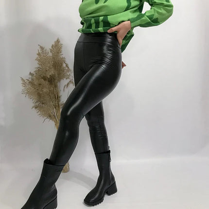 BIVIGAOS Fashion Women PU Leather Pants Elastic High Waist Winter Leggings Slim Velvet Leather Leggings Skinny Fleece Trousers PlatiNum