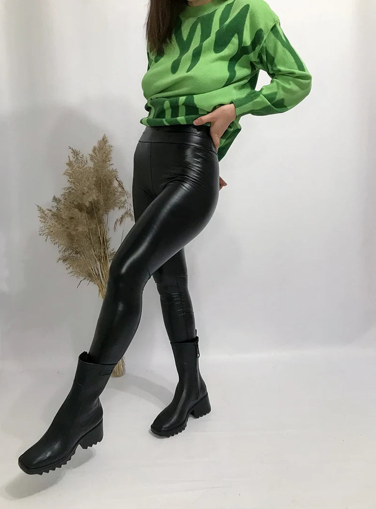 BIVIGAOS Fashion Women PU Leather Pants Elastic High Waist Winter Leggings Slim Velvet Leather Leggings Skinny Fleece Trousers PlatiNum