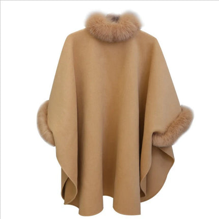 Elegant Women Winter Coats Batwing Fluffy Sleeve Cape Jacket Lady Woolen Overcoat Cape Fox Fur Collar Warm Ponchos Feminino