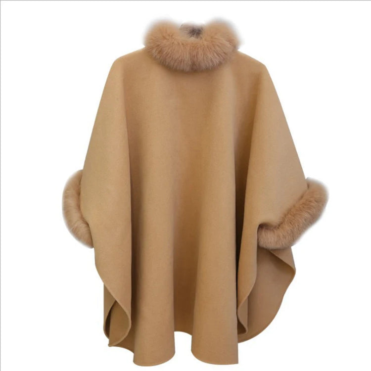 Elegant Women Winter Coats Batwing Fluffy Sleeve Cape Jacket Lady Woolen Overcoat Cape Fox Fur Collar Warm Ponchos Feminino