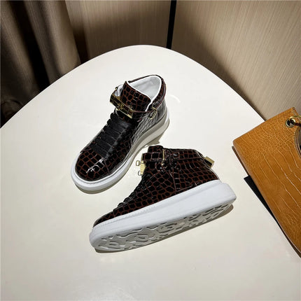 2026 Mid-Top Sneakers Men Alligator Pattern Round Toe Lock Decoration Lace Flats Glossy Cow Leather Casual Shoes