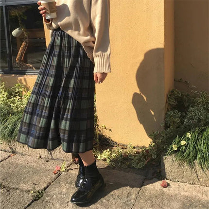Vintage Wool Pleated Plaid Skirt Women High Waist Plus Size Long Skirt 2022 Autumn Winter Harajuku Female Party Skirt Streetwear PlatiNum
