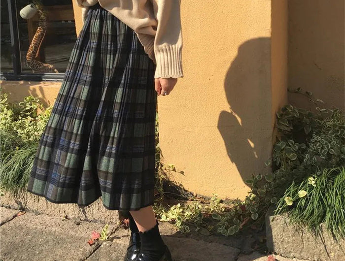 Vintage Wool Pleated Plaid Skirt Women High Waist Plus Size Long Skirt 2022 Autumn Winter Harajuku Female Party Skirt Streetwear PlatiNum