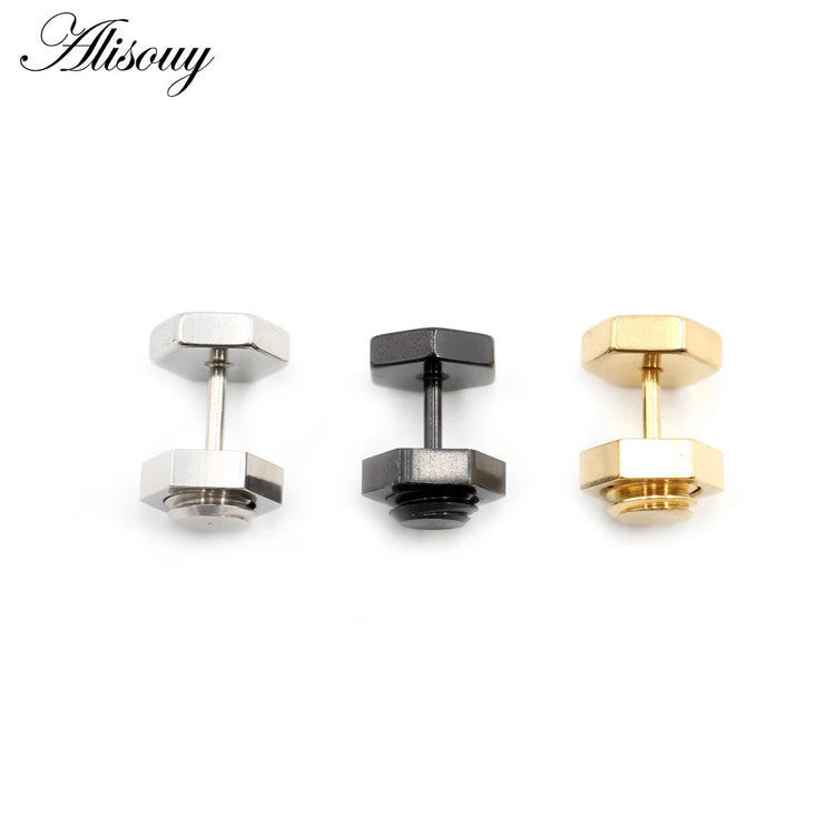 Alisouy 2 pz Nuovo Unisex Gotico Punk Rock In Acciaio Inox Esagono Vite Del Chiodo Delle Donne Degli Uomini Dell'orecchio Orecchini Con Perno Penetranti Gioielli Per Il Corpo platinumshop
