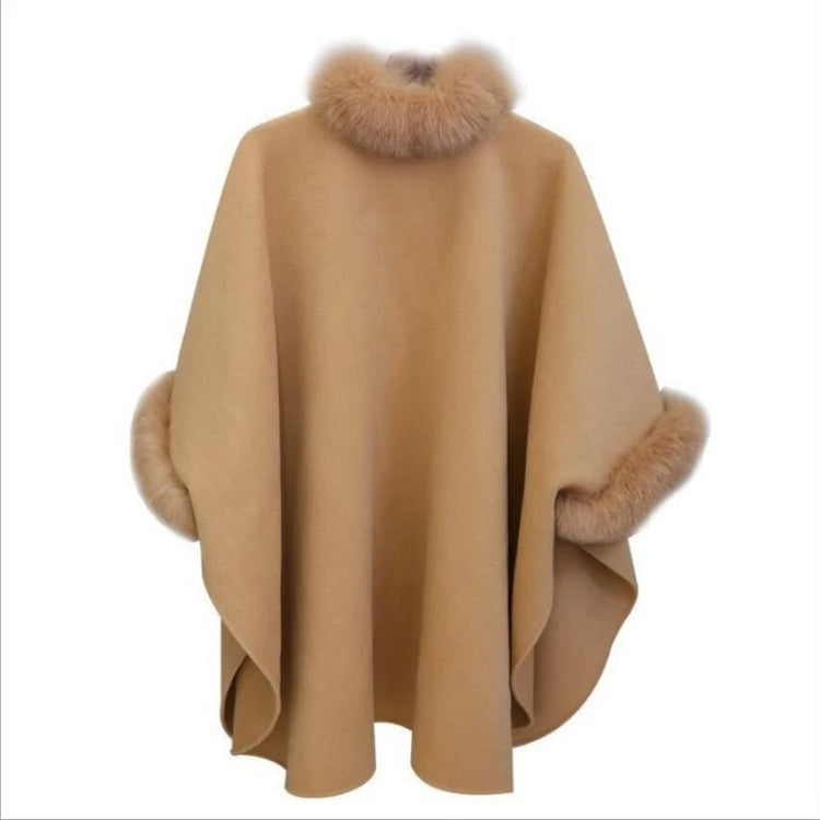 Elegant Women Winter Coats Batwing Fluffy Sleeve Cape Jacket Lady Woolen Overcoat Cape Fox Fur Collar Warm Ponchos Feminino