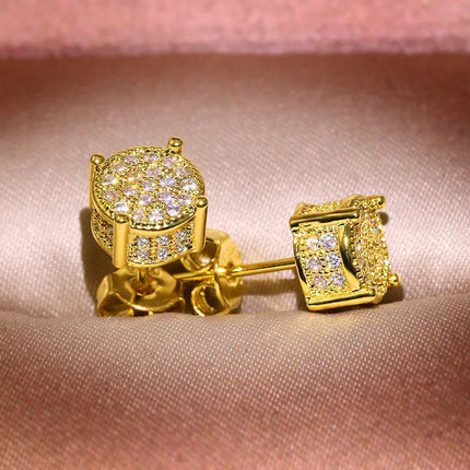 Luxury Full Crystal Round Earrings White Gold Yellow Gold Color White Zircon Stone Wedding Stud Earrings For Women Men Jewelry PlatiNum
