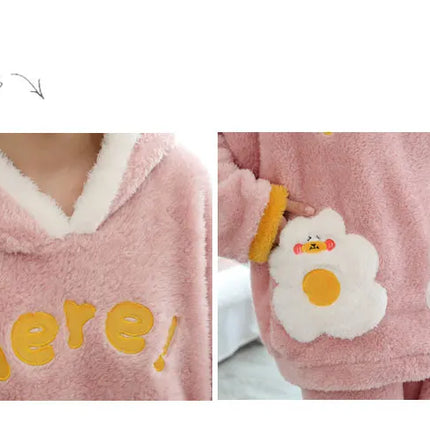 Jielur Warm Women Pajama Sets Winter Lady Long Sleeve Shirt+Pants Home suit Hooded Cartoon Print Thick Pijama Feminino