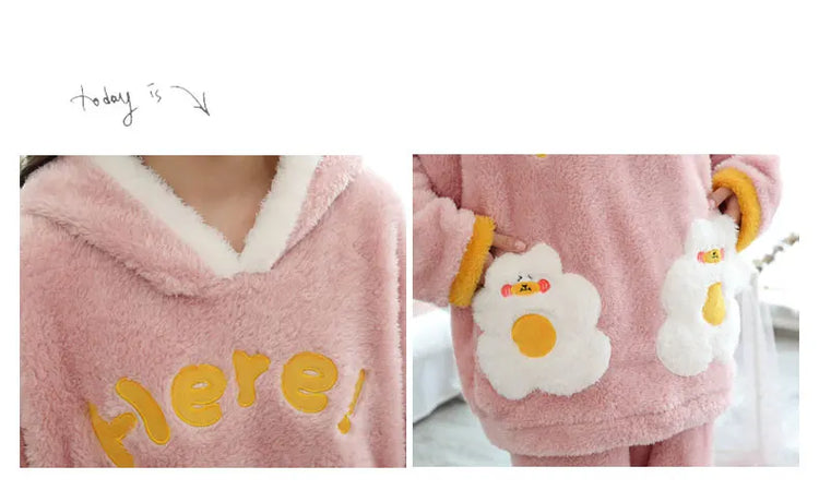 Jielur Warm Women Pajama Sets Winter Lady Long Sleeve Shirt+Pants Home suit Hooded Cartoon Print Thick Pijama Feminino
