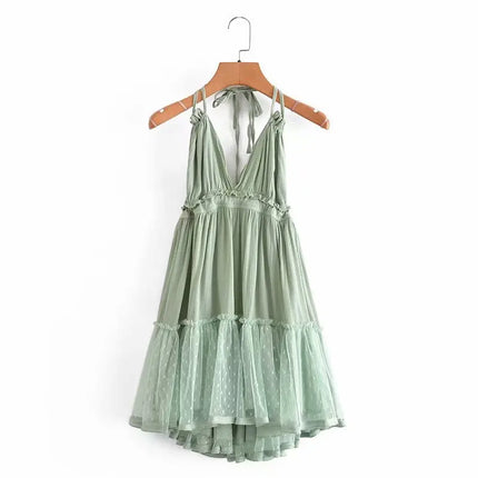 SheMujerSky Sexy Lace Patchwork Backless Mini Dress Summer V Neck Halter Dresses Women's Dress Elegant Party