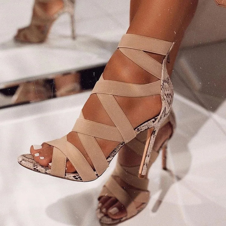 Décolleté Scarpe sexy da festa Scarpe da ballo Scarpe estive con serpente Décolleté da donna Tacchi alti e sottili Gladiatore con strass a punta