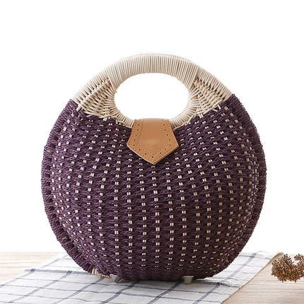Women's Handmade Round Woven Natural Rattan Handbag Shoulder Bag Summer Beach Bag with Casual Bohemia Women's Clutch