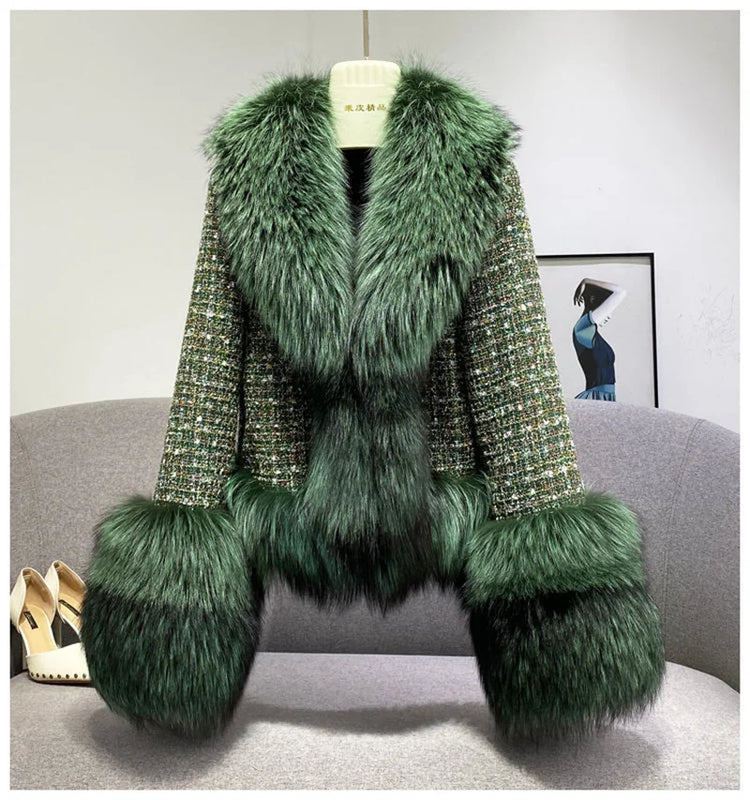 Female Winter ThickCotton Thin Short Woolen Jacket Women New Slim Imported Whole Skin Red Fox Fur Collar Imitation Fur Coat A863