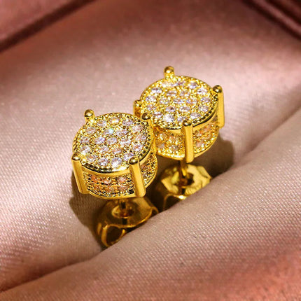 Luxury Full Crystal Round Earrings White Gold Yellow Gold Color White Zircon Stone Wedding Stud Earrings For Women Men Jewelry PlatiNum