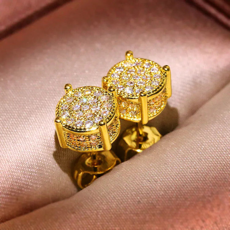 Luxury Full Crystal Round Earrings White Gold Yellow Gold Color White Zircon Stone Wedding Stud Earrings For Women Men Jewelry PlatiNum