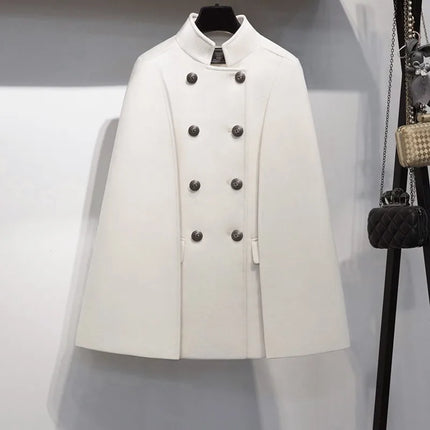 New Winter Women Double Breasted Cape Woolen Blends Elegant Ladies Coat Stand Collar Cloak Outwear Coats Vintage Overcoat