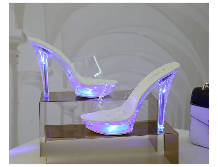 Light Up Glowing Shoes Woman Luminous Clear Sandals Women Platform Shoes LED 13cm High Heel Transparent Stripper Heels Shoes