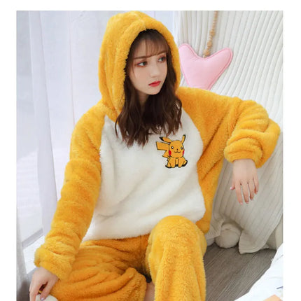 Jielur Warm Women Pajama Sets Winter Lady Long Sleeve Shirt+Pants Home suit Hooded Cartoon Print Thick Pijama Feminino
