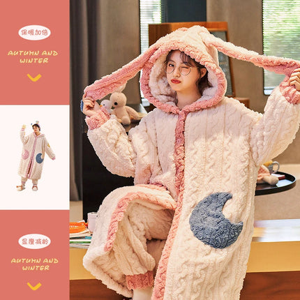 Thicker Women's Pajamas Warm Sweet Hooded Nightgown Winter Flannel Kawaii Home Clothes Female Cute Soft Chic Robes 2XL пижама