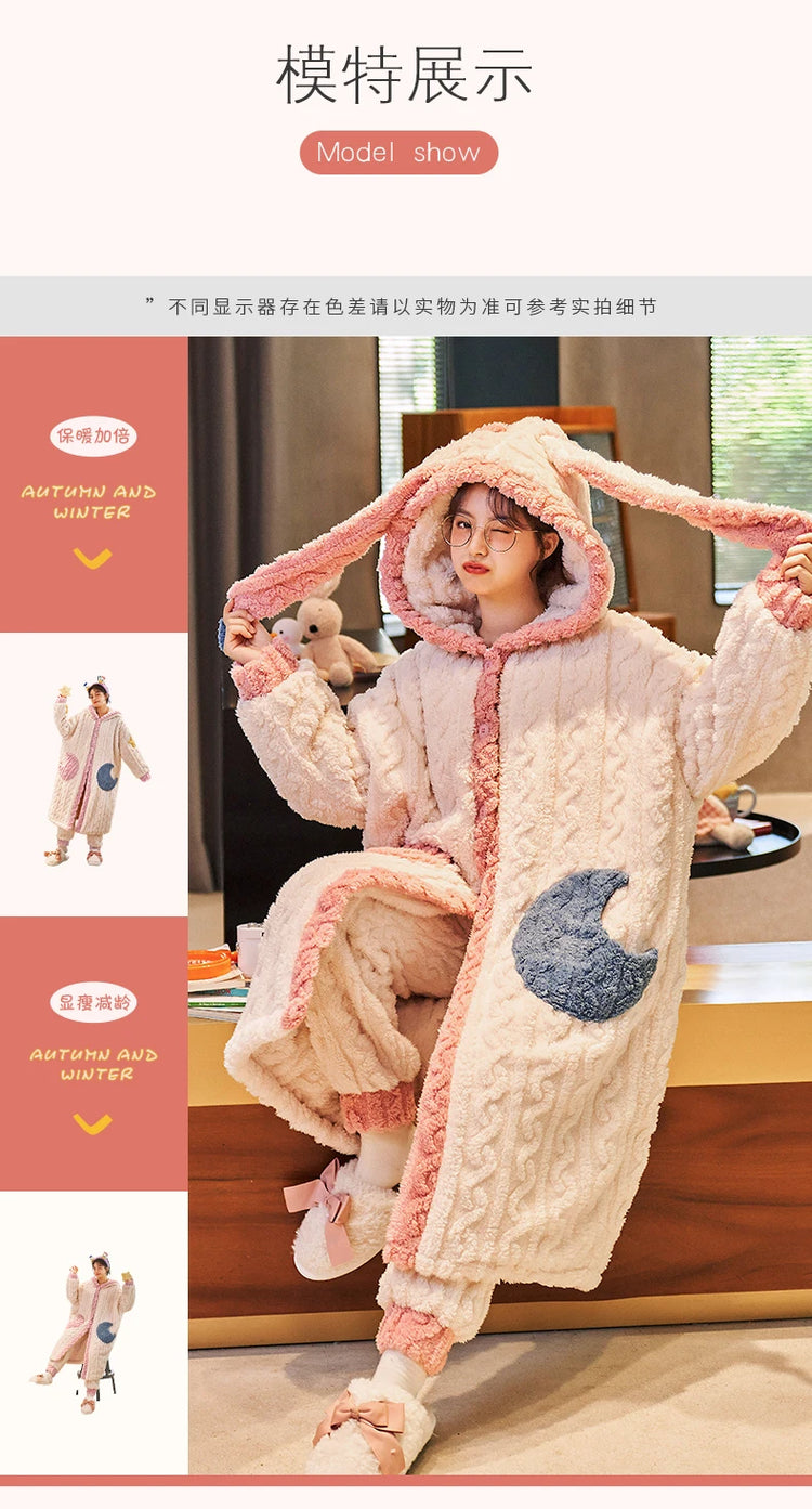 Thicker Women's Pajamas Warm Sweet Hooded Nightgown Winter Flannel Kawaii Home Clothes Female Cute Soft Chic Robes 2XL пижама