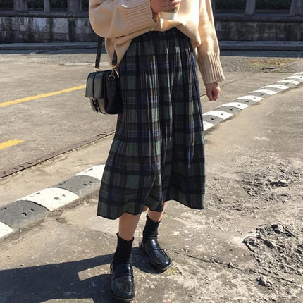 Vintage Wool Pleated Plaid Skirt Women High Waist Plus Size Long Skirt 2022 Autumn Winter Harajuku Female Party Skirt Streetwear PlatiNum