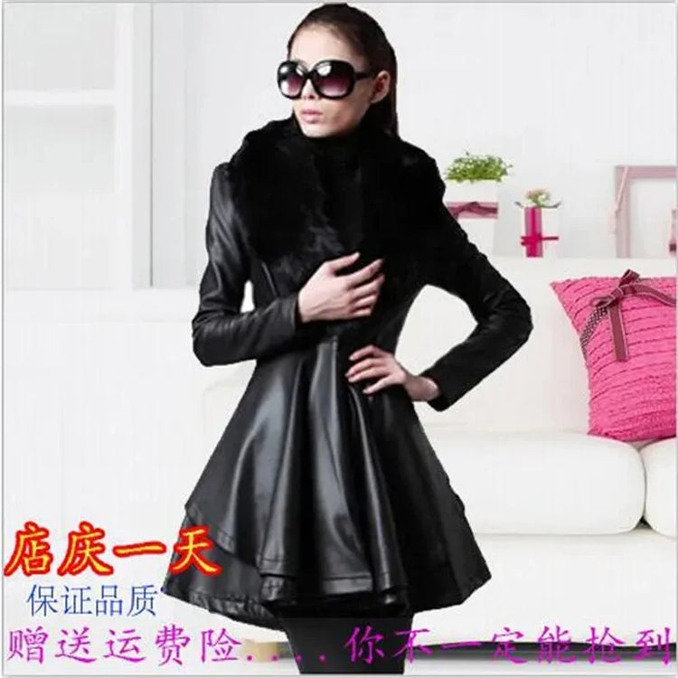 PU Leather Long Leather Jacket Women's Fur Collar Removable Coat Faux Leather Slim Female Temperament Leather Windbreaker Black