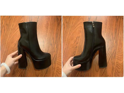 2021 Women Ankle Boots Platform Square High Heel Ladies Motorcycle Boots Faux Leather High High Quality Women's Boots Black