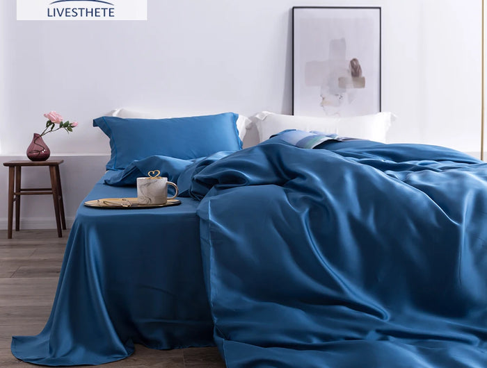 Liv-Esthete Set di biancheria da letto di lusso in seta 100% gelso di alta qualità, bellezza sana, copripiumino, lenzuolo piatto, federa, set letto Queen King