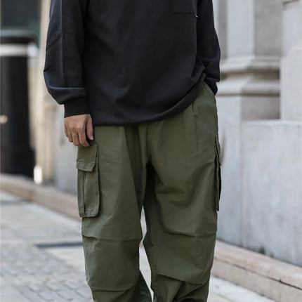 Multi-Pocket Cargo Pants Mens Safari Style Solid Color Pleated Loose Straight-leg Pants Elastic Waist Casual Trousers Men