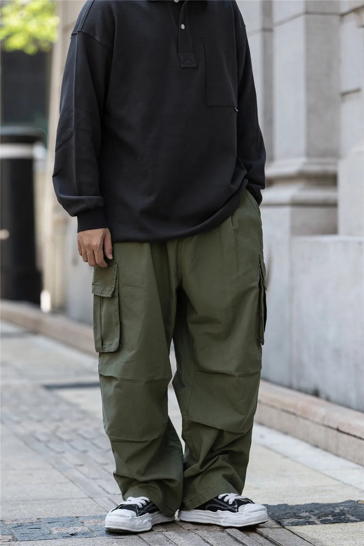 Multi-Pocket Cargo Pants Mens Safari Style Solid Color Pleated Loose Straight-leg Pants Elastic Waist Casual Trousers Men