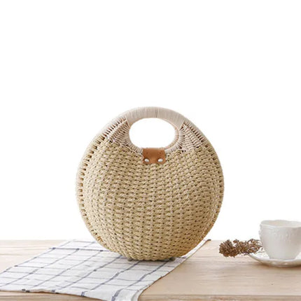 Women's Handmade Round Woven Natural Rattan Handbag Shoulder Bag Summer Beach Bag with Casual Bohemia Women's Clutch