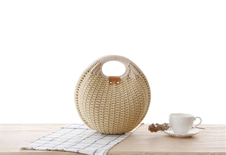 Borsa a mano rotonda intrecciata a mano in Rattan naturale da donna borsa a tracolla borsa estiva da spiaggia con pochette Casual da donna in boemia