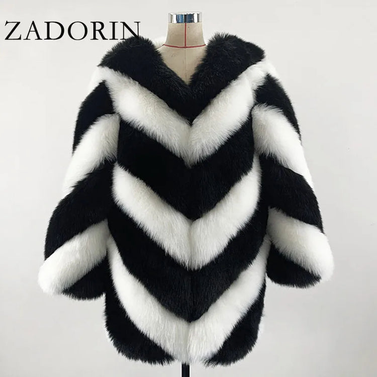 ZADORIN Korean Fashion Winter Faux Fox Fur Coat Women Luxury Color Contrast Long Thick Warm Fluffy Jacket Fake Fur Coats Jackets