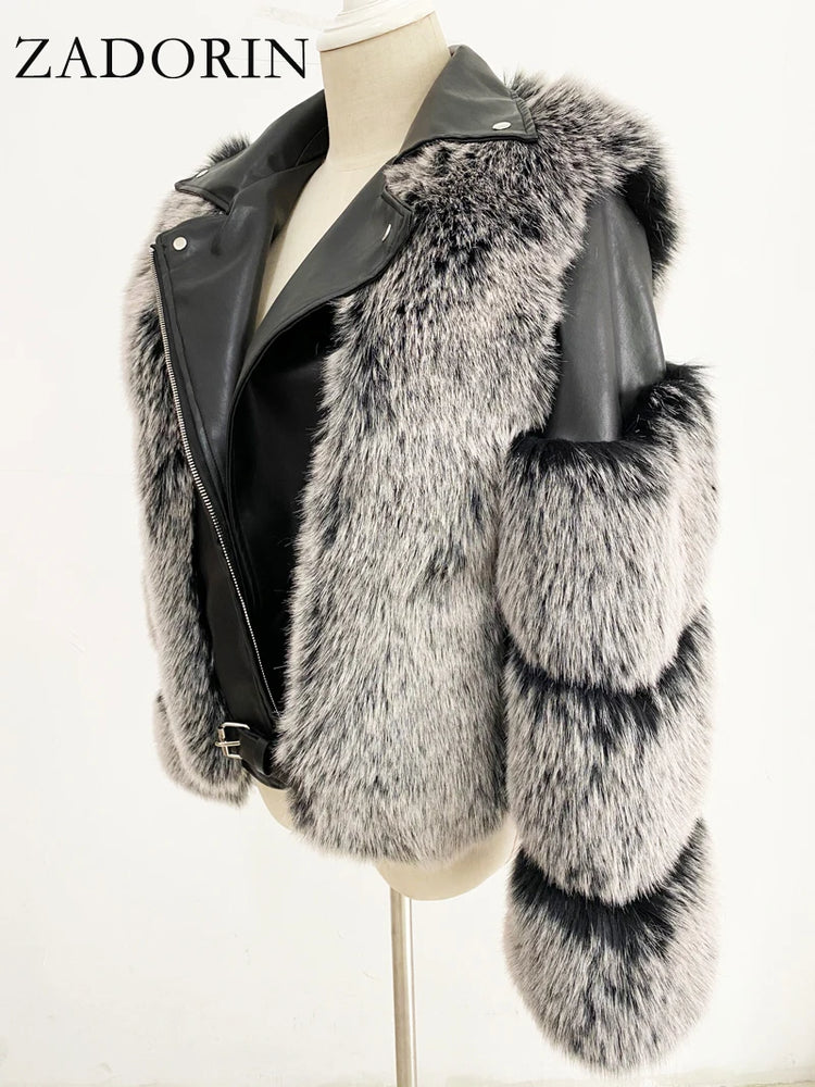 ZADORIN Top Fashion Luxury FAUX Fox Fur Coat Motorcycle PU Leather Turn Down Collar Warm Faux Fur Jacket Women Autumn Winter New