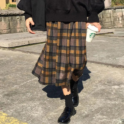 Vintage Wool Pleated Plaid Skirt Women High Waist Plus Size Long Skirt 2022 Autumn Winter Harajuku Female Party Skirt Streetwear PlatiNum