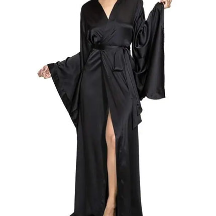 2019 nuovi abiti solidi donna nero rosso manica lunga camicia da notte signore ragazze raso di seta liscio primavera pizzo indumenti da notte accappatoio femminile