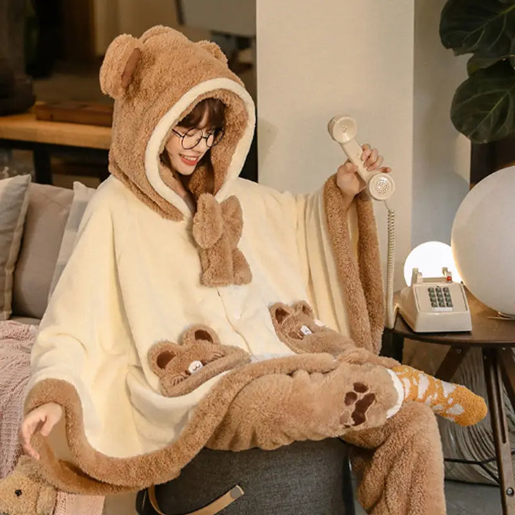 Japan Cute Lolita Pajamas Sets Girls Sweet Bear Ear Hooded Coral Fleece Cloak Sleepwear Women Winter Kawaii Home Clothes Pyjamas
