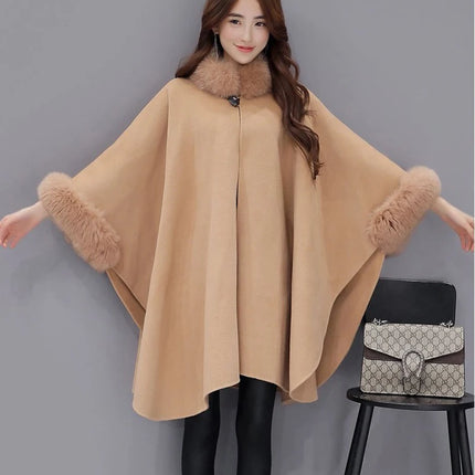 Elegant Women Winter Coats Batwing Fluffy Sleeve Cape Jacket Lady Woolen Overcoat Cape Fox Fur Collar Warm Ponchos Feminino
