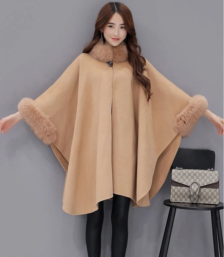 Elegant Women Winter Coats Batwing Fluffy Sleeve Cape Jacket Lady Woolen Overcoat Cape Fox Fur Collar Warm Ponchos Feminino
