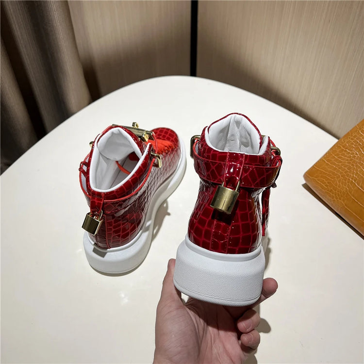 2026 Mid-Top Sneakers Men Alligator Pattern Round Toe Lock Decoration Lace Flats Glossy Cow Leather Casual Shoes